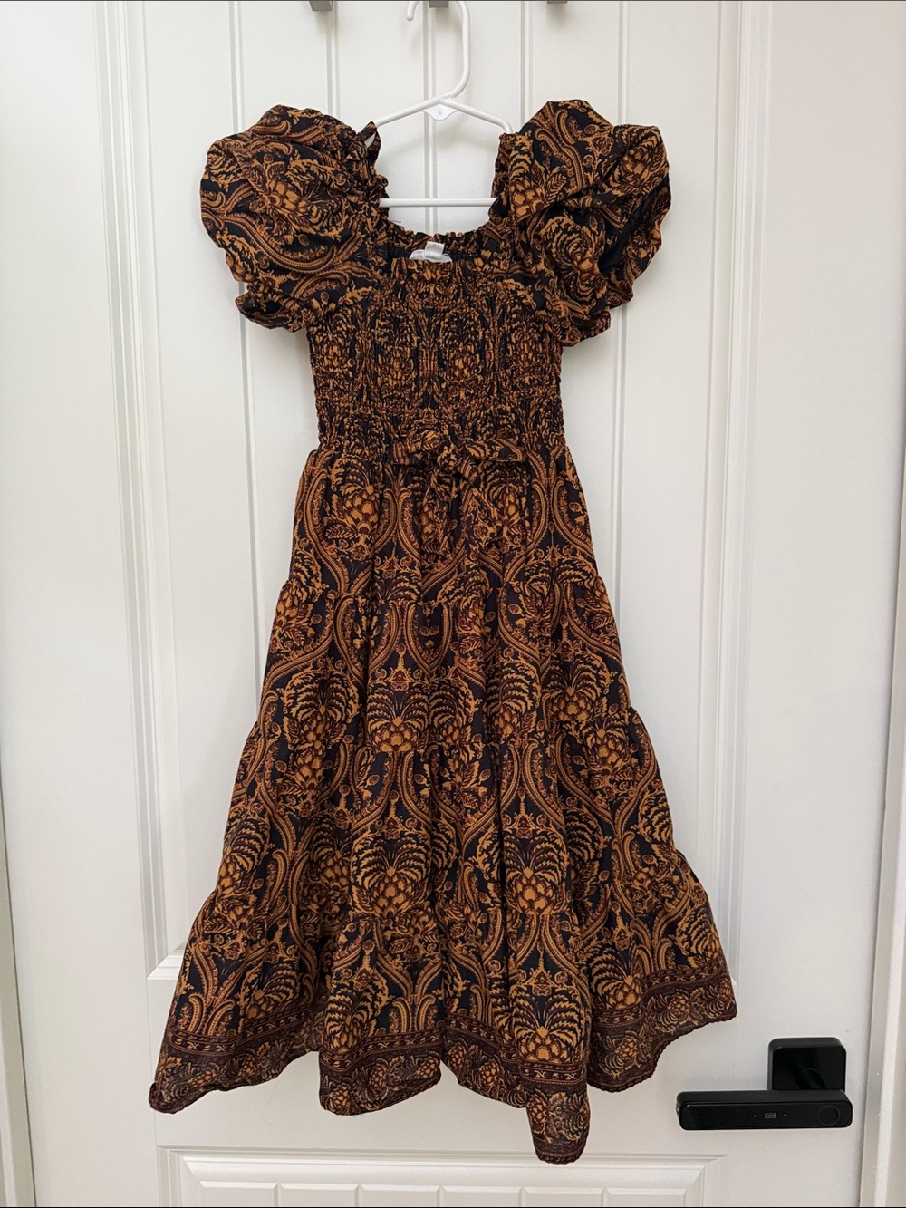 Smocked Puff-Sleeve Kids Dress in Brown Paisley
